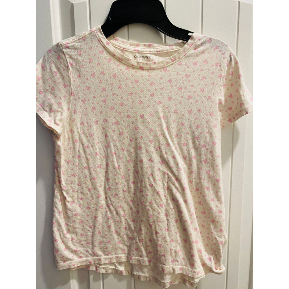 Old Navy T-Shirt White Pink Heart Polka Dot Print Casual Girl's Size XL (14-16)